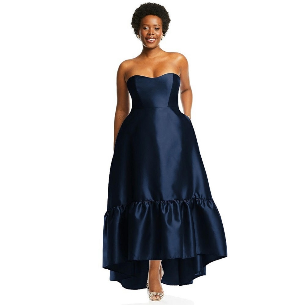 Alfred Sung: Strapless Ruffle High-Low Satin Gown (NWT)